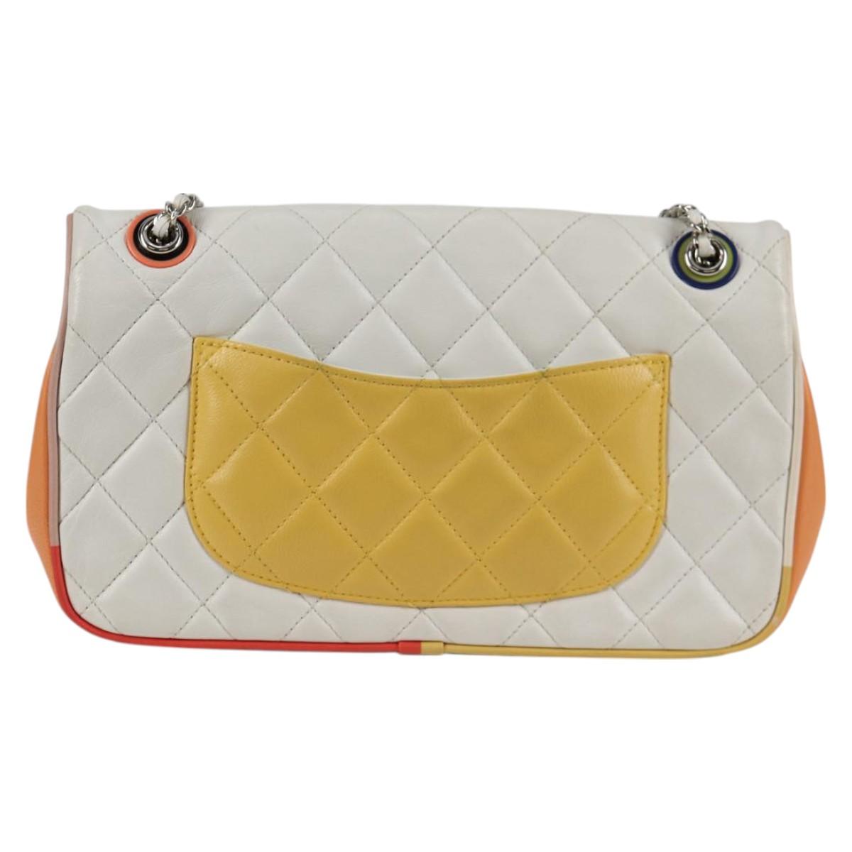 Chanel Matelasse Chain Shoulder Bag Lamb Skin White Silver Cc