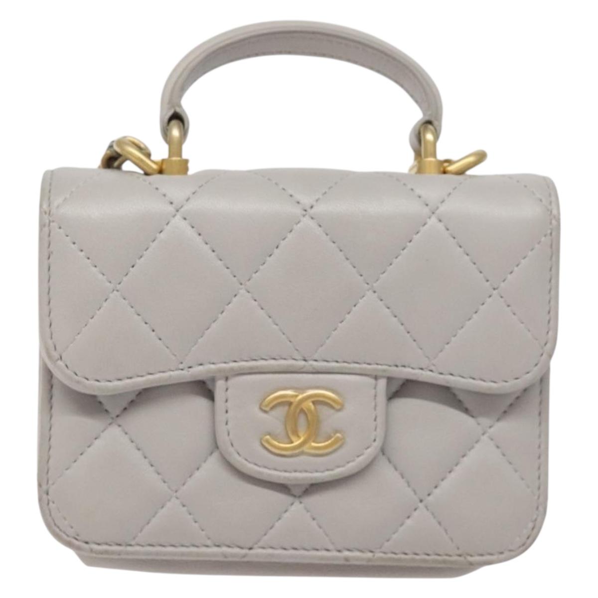 Chanel Matelasse Chain Wallet Shoulder Bag Lamb Skin Gray Gold Cc