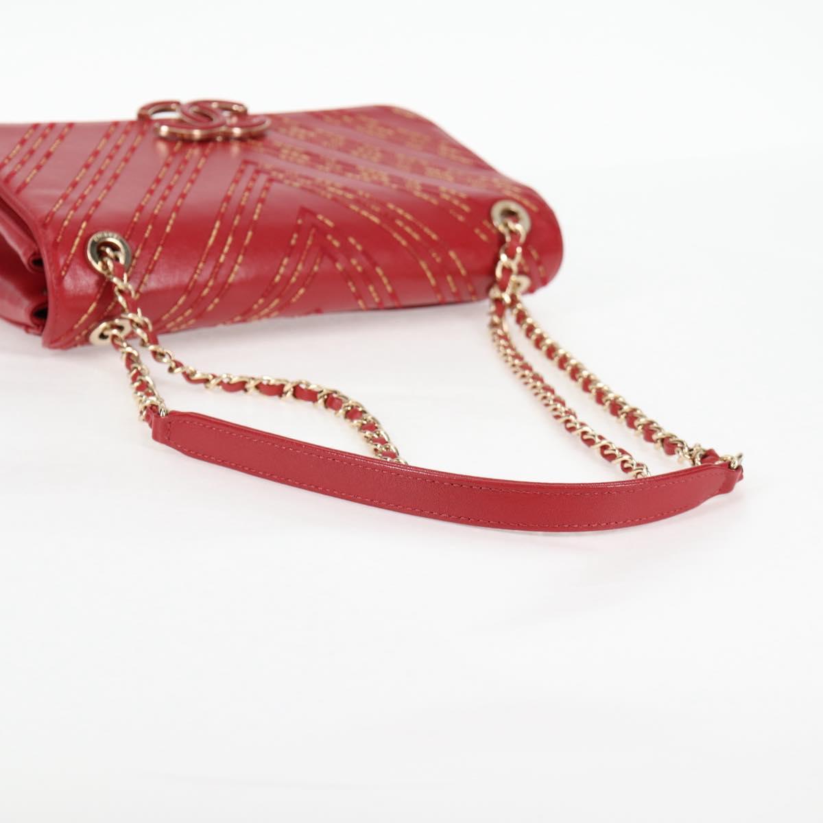 Chanel Chain V Stitch Shoulder Bag Lamb Skin Red Gold Cc