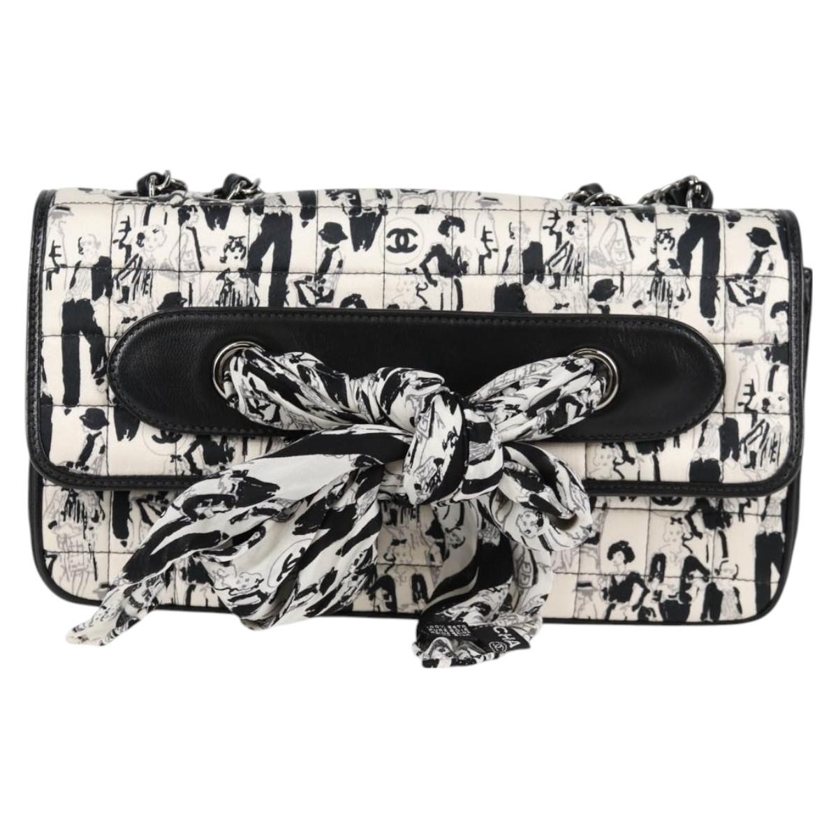 Chanel Chain Coco Mark Choco Bar Shoulder Bag Satin Black White Cc