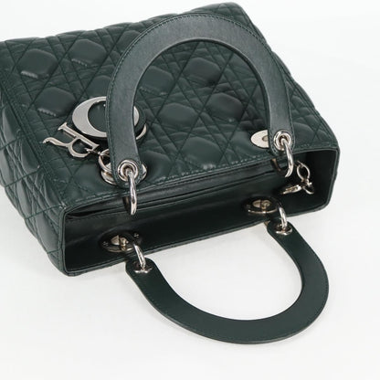 Christian Dior Canage Lady Dior Hand Bag Lamb Skin 2WAY Green Gold