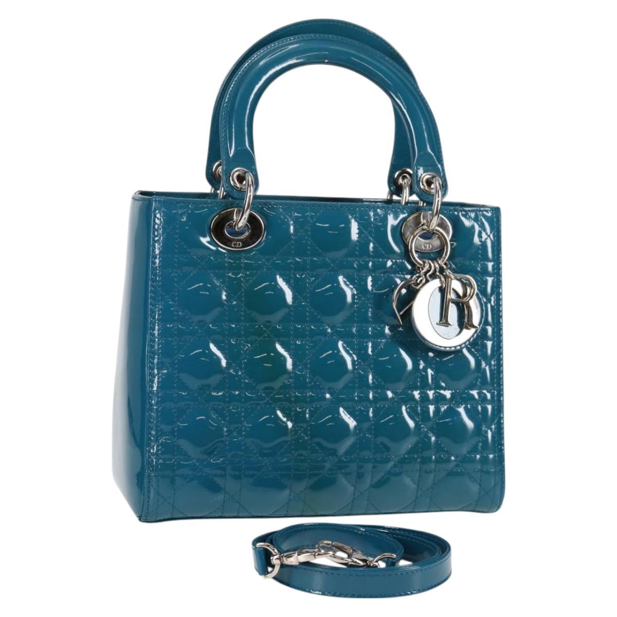 Christian Dior Lady Dior Canage Hand Bag Patent 2WAY Blue Silver