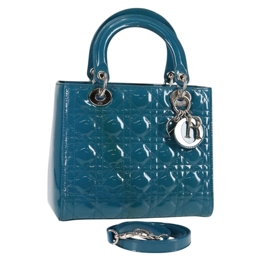 Christian Dior Lady Dior Canage Hand Bag Patent 2WAY Blue Silver