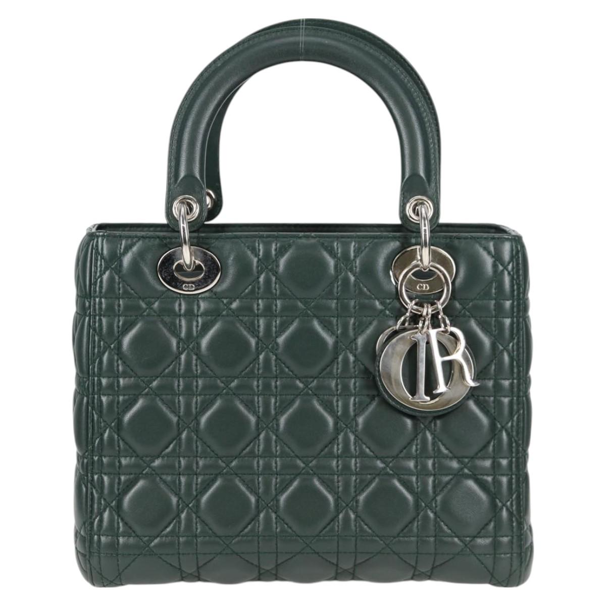 Christian Dior Canage Lady Dior Hand Bag Lamb Skin 2WAY Green Gold