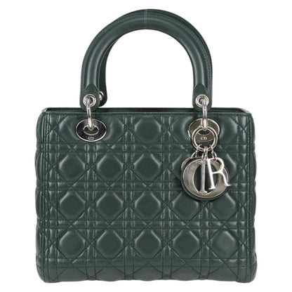 Christian Dior Canage Lady Dior Hand Bag Lamb Skin 2WAY Green Gold
