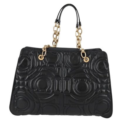 Salvatore Ferragamo Chain Tote Bag Leather Black Gold