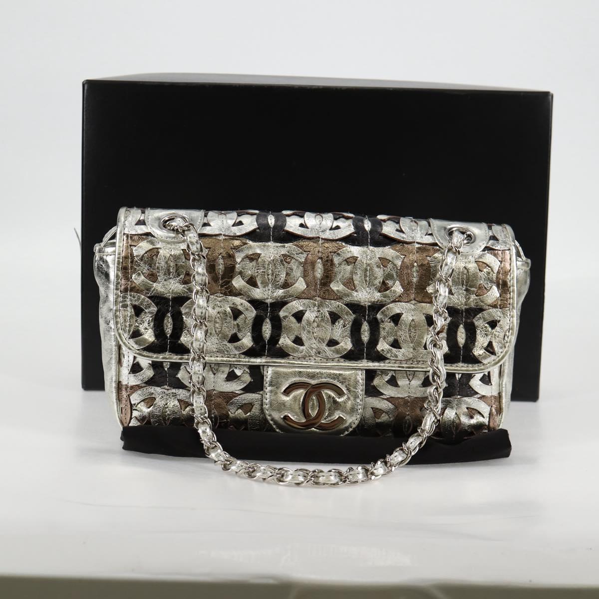 Chanel Chain Matelasse Shoulder Bag Leather Silver Cc