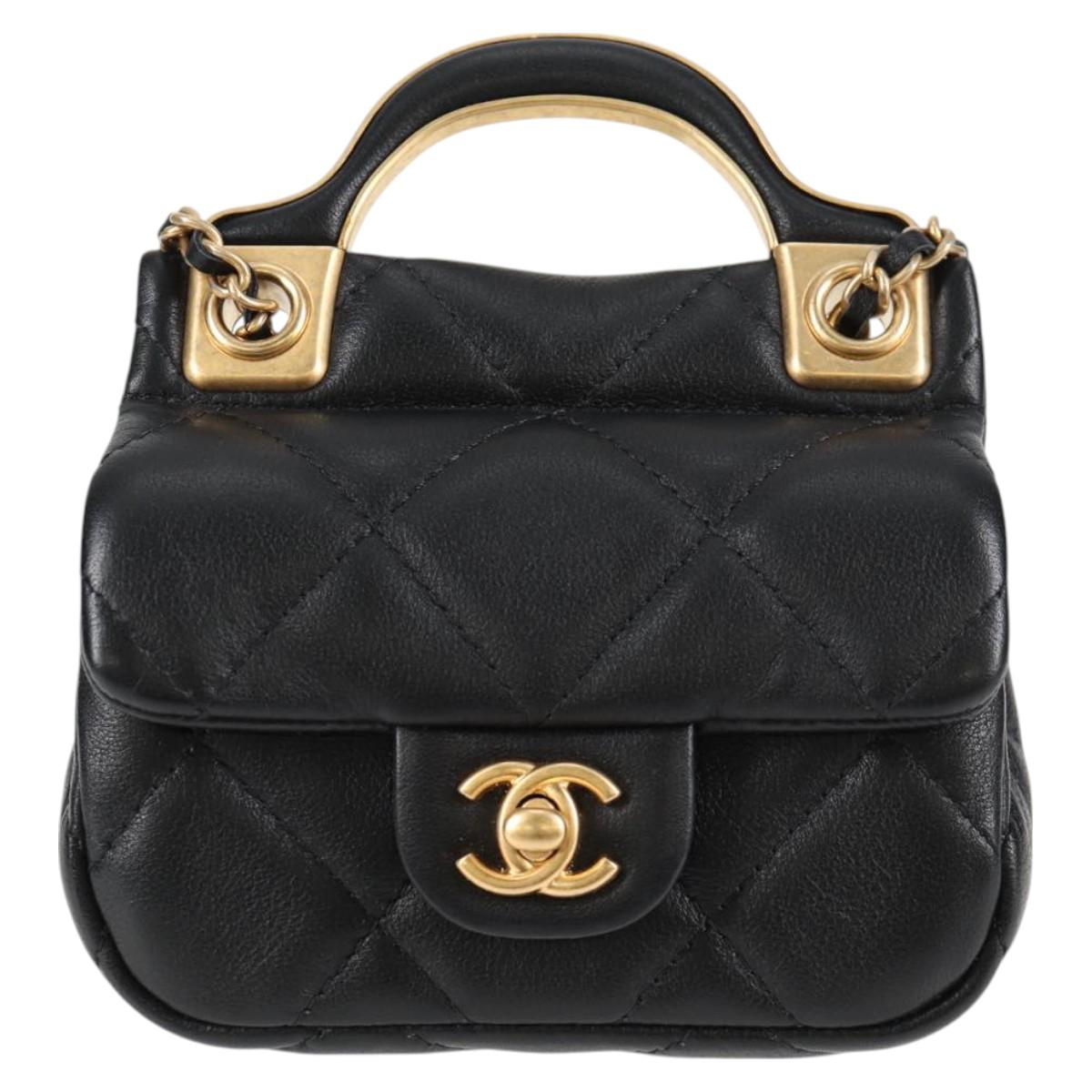 Chanel Chain Pouch Shoulder Bag Lamb Skin Black Gold Cc