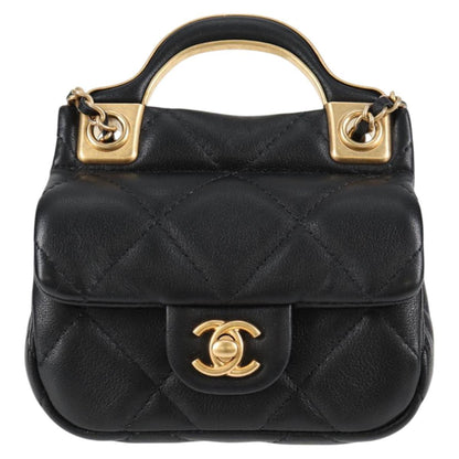 Chanel Chain Pouch Shoulder Bag Lamb Skin Black Gold Cc