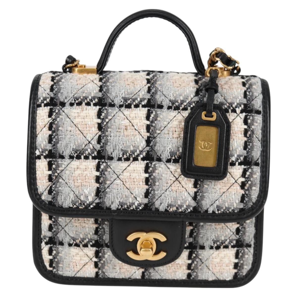 Chanel Matelasse Chain Hand Bag Tweed 2WAY White Gold Cc