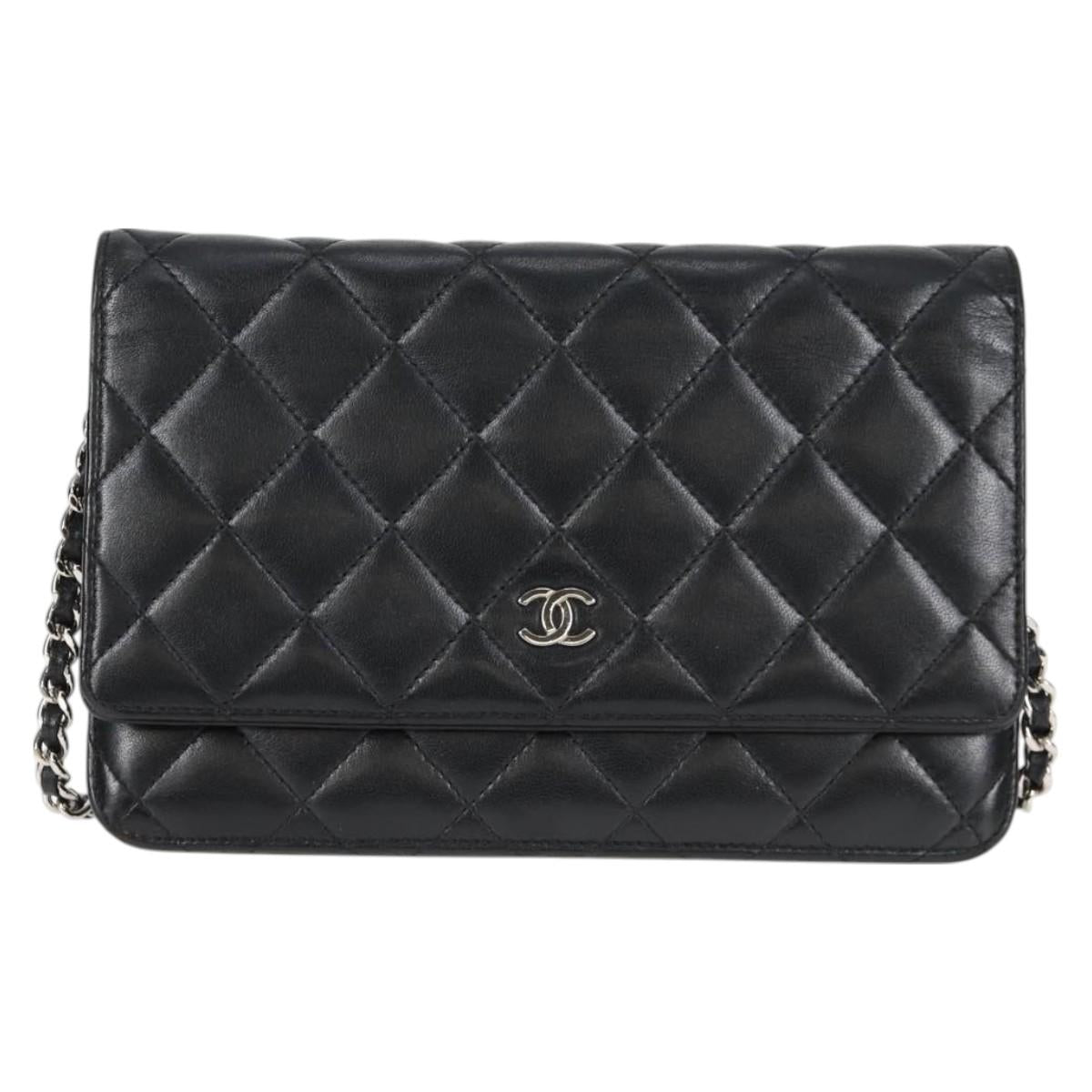 Chanel Matelasse Chain Wallet Lamb Skin Black Silver Cc