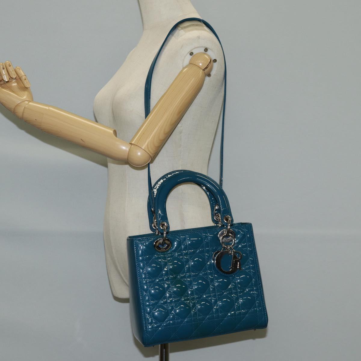 Christian Dior Lady Dior Canage Hand Bag Patent 2WAY Blue Silver