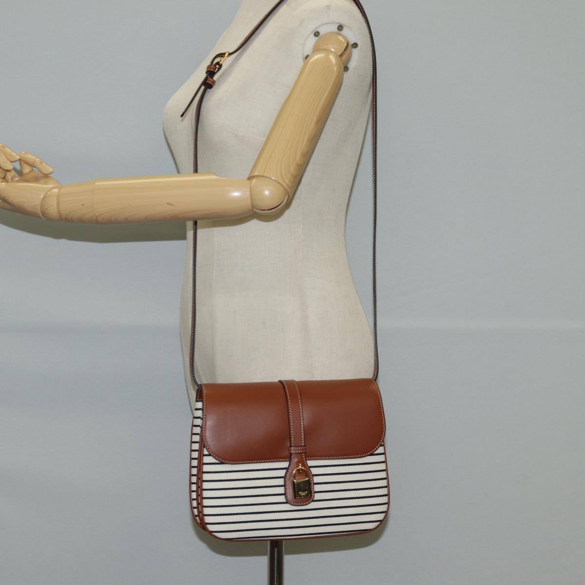 Celine Shoulder Bag Canvas Leather Brown Gold