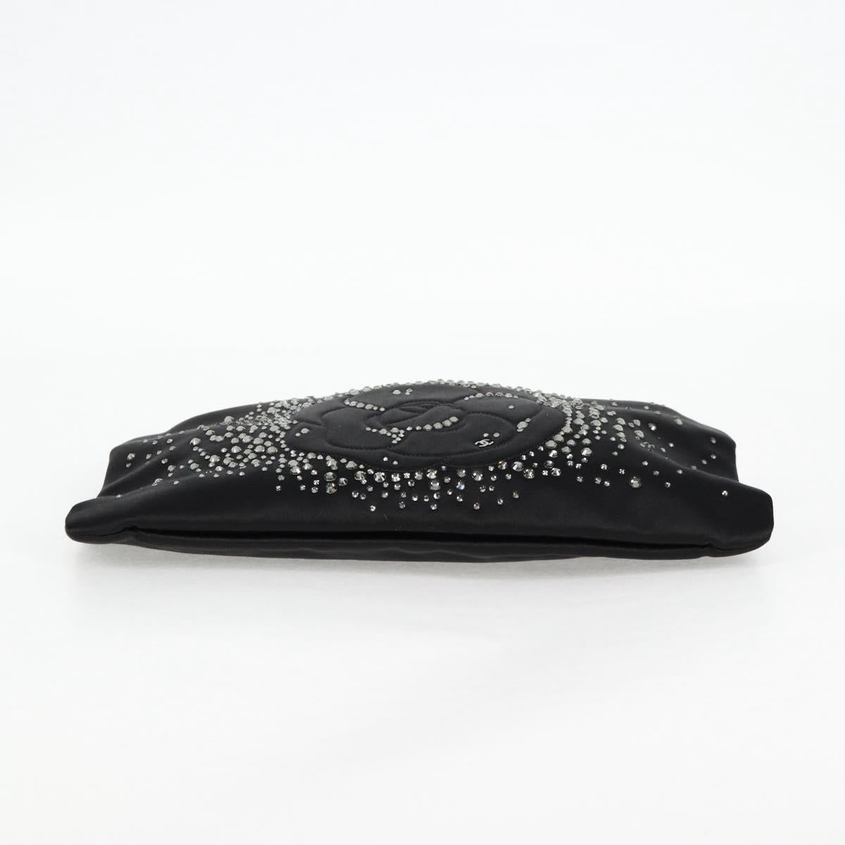 Chanel Camellia Rhinestone Chain Accessory Pouch Satin Black Cc