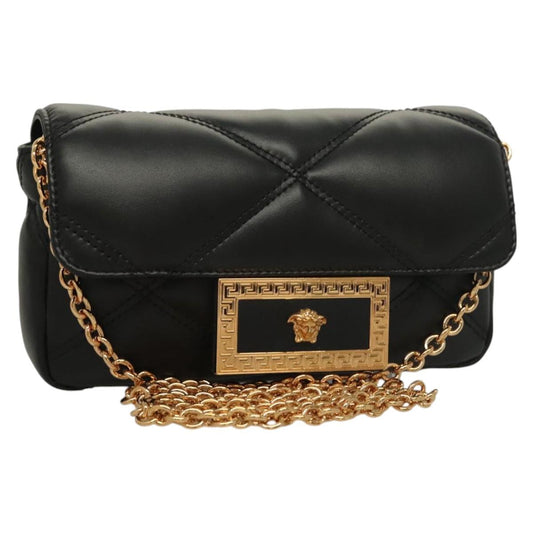 Versace Chain Shoulder Bag Leather Black Gold