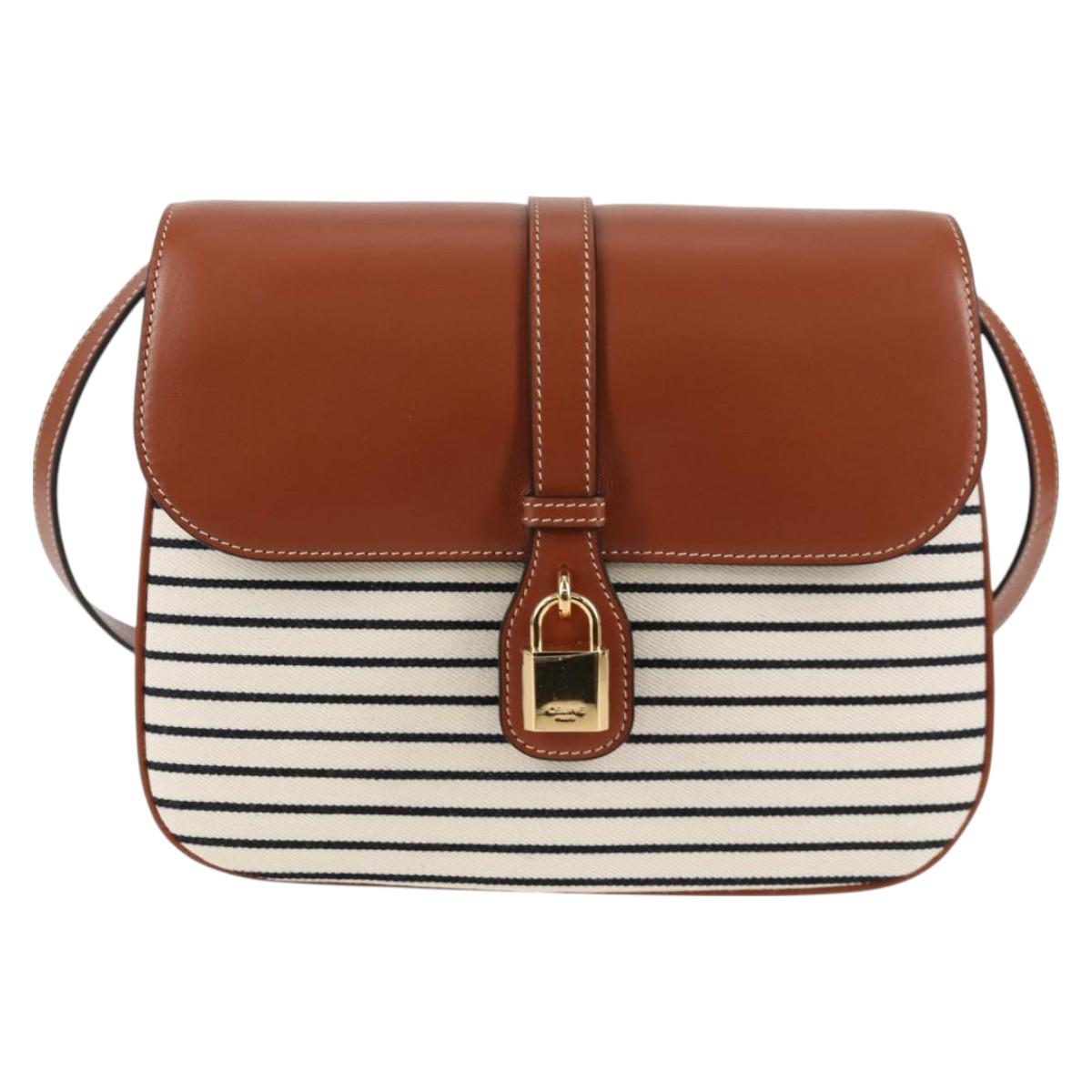 Celine Shoulder Bag Canvas Leather Brown Gold
