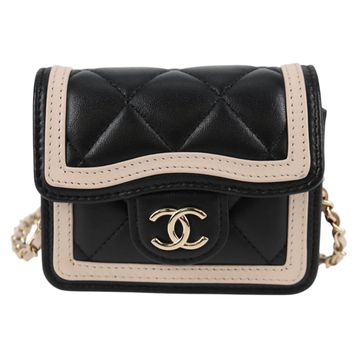 Chanel Matelasse Chain Pouch Shoulder Bag Lamb Skin Black Gold Cc
