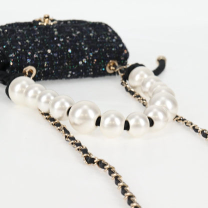 Chanel Chain Pearl Shoulder Bag Tweed Navy Gold Black Cc