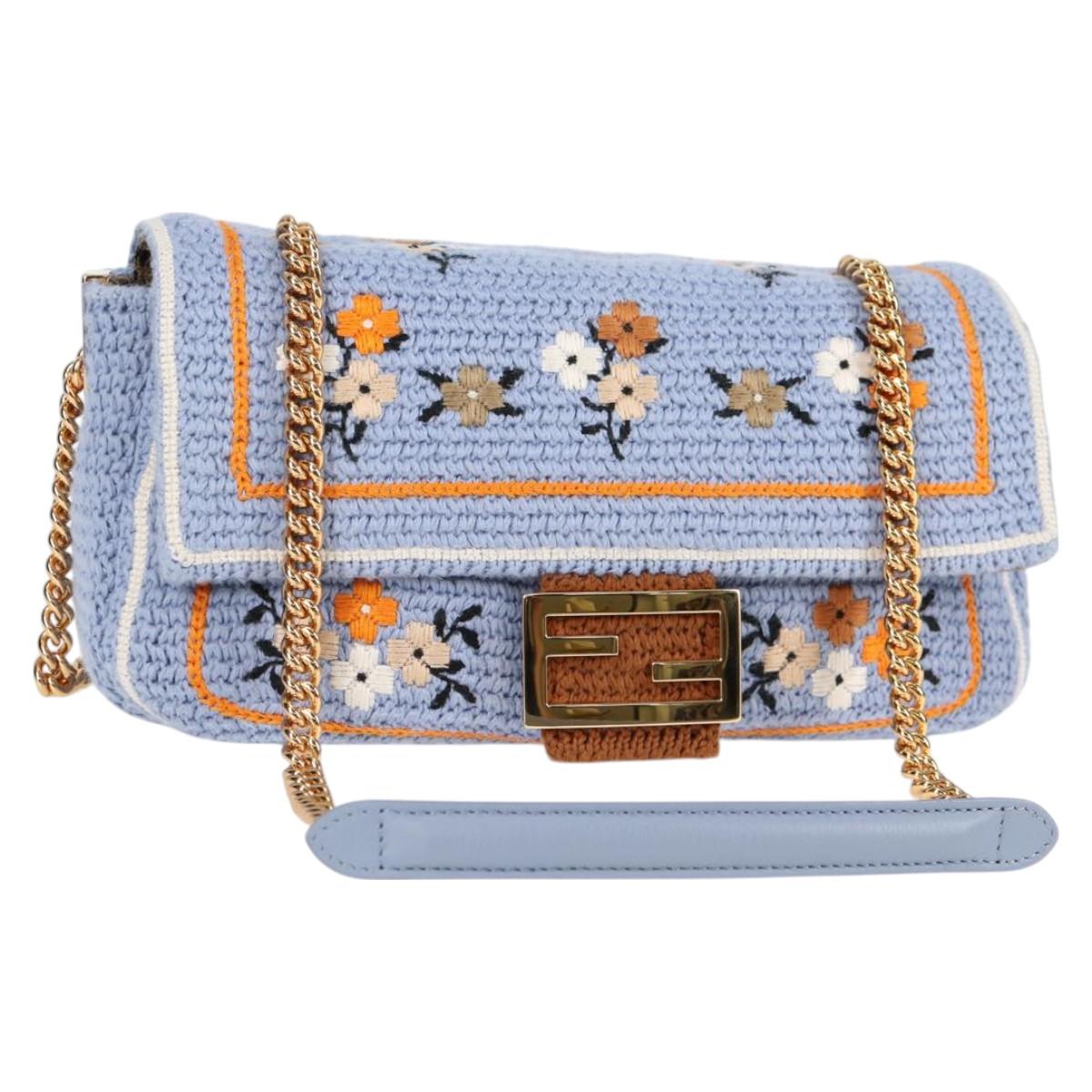 Fendi Chain Mamma Baguette Shoulder Bag Cotton 2WAY Purple Gold