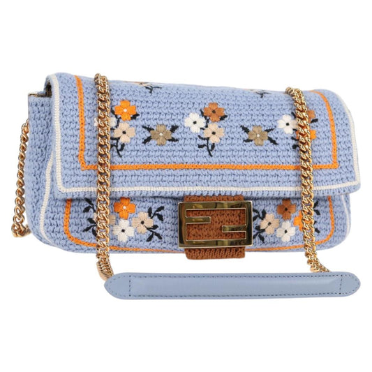 Fendi Chain Mamma Baguette Shoulder Bag Cotton 2WAY Purple Gold