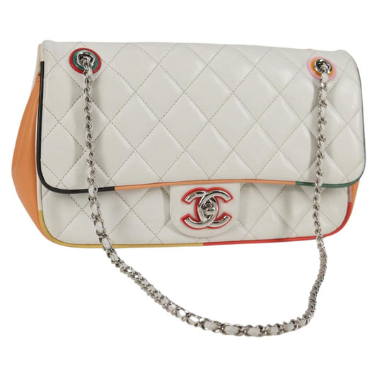 Chanel Matelasse Chain Shoulder Bag Lamb Skin White Silver Cc