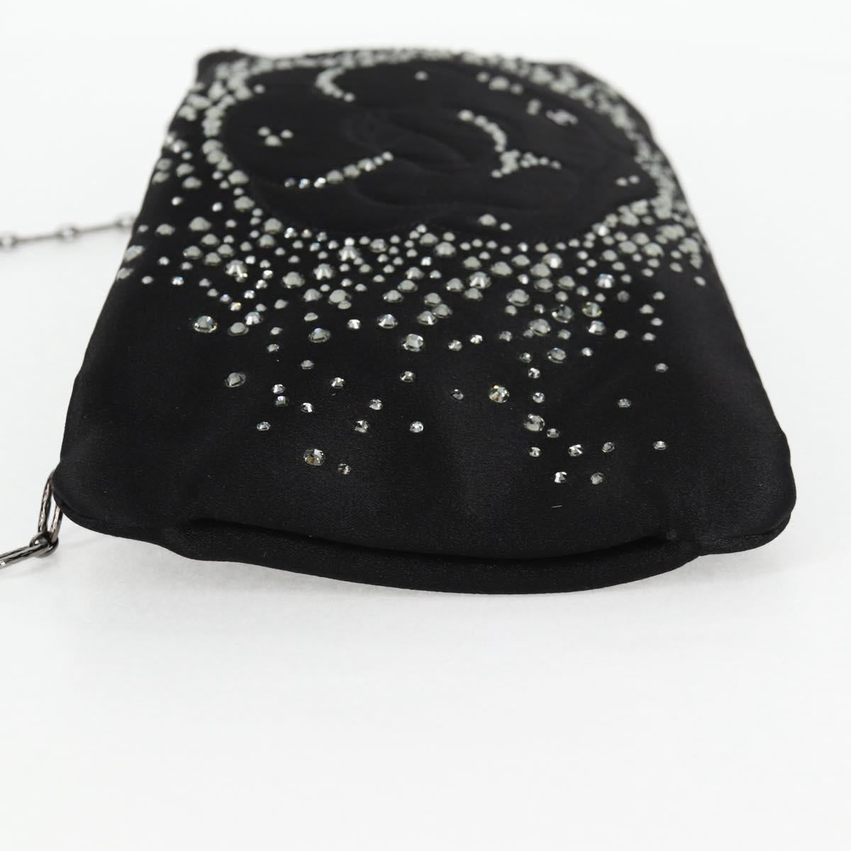 Chanel Camellia Rhinestone Chain Accessory Pouch Satin Black Cc