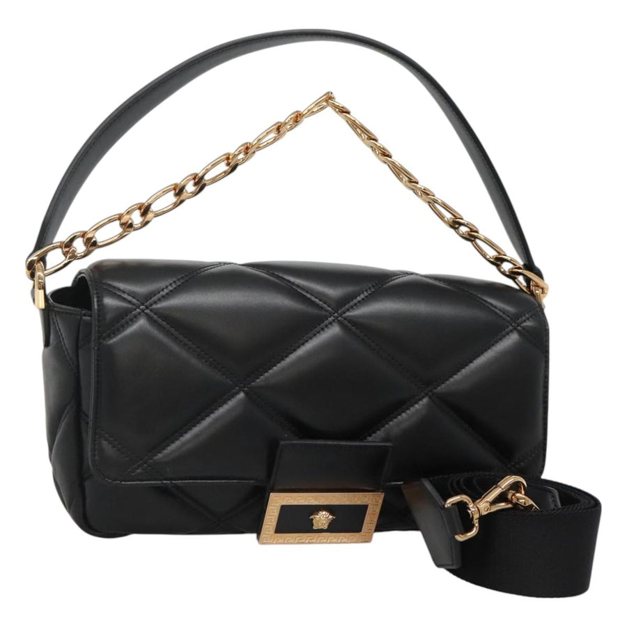 Versace Chain Hand Bag Leather 3WAY Black Gold