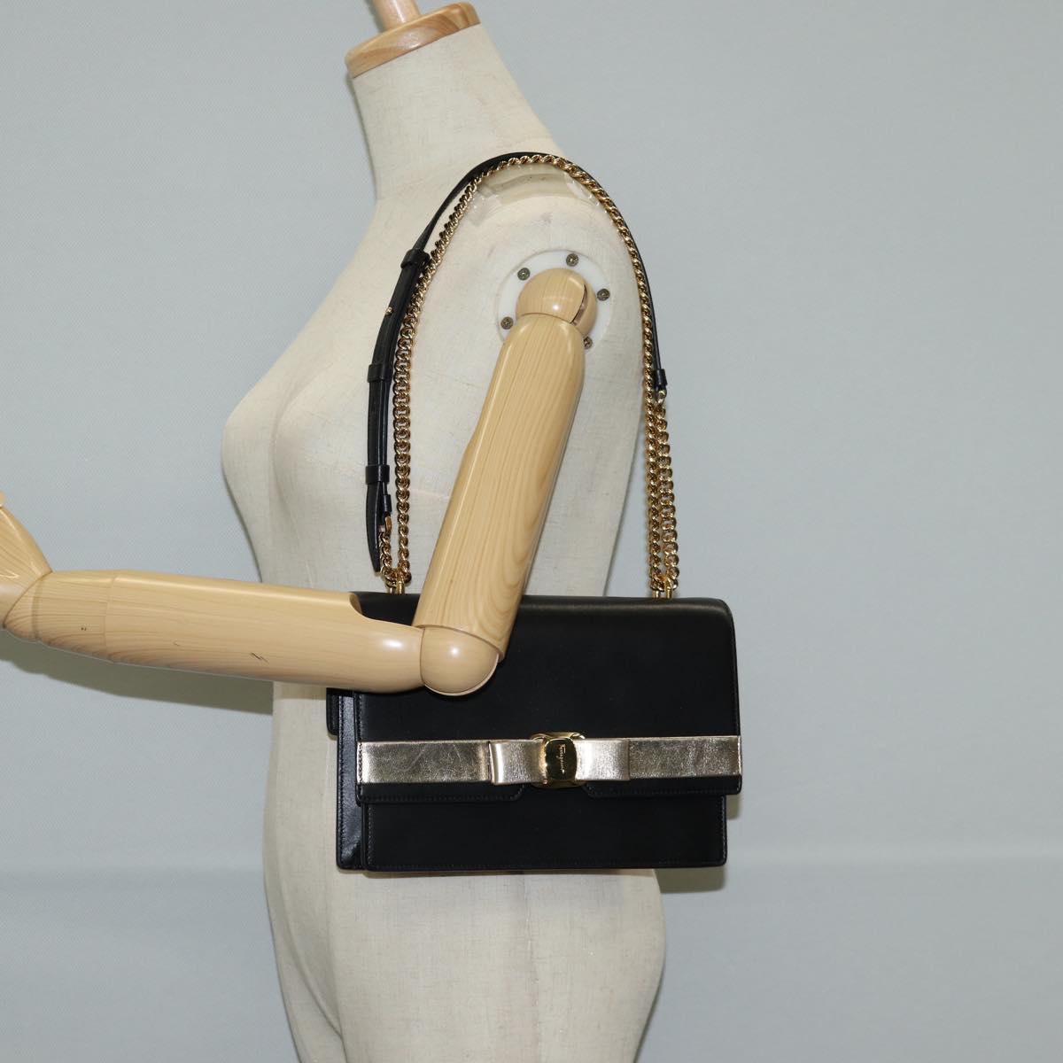 Salvatore Ferragamo Vala Chain Shoulder Bag Leather Black Gold