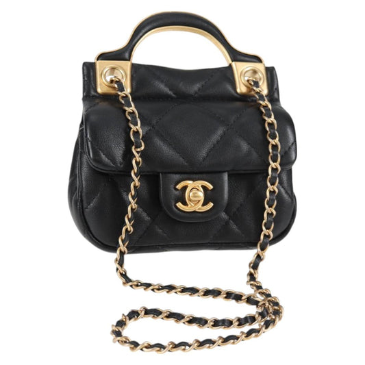 Chanel Chain Pouch Shoulder Bag Lamb Skin Black Gold Cc