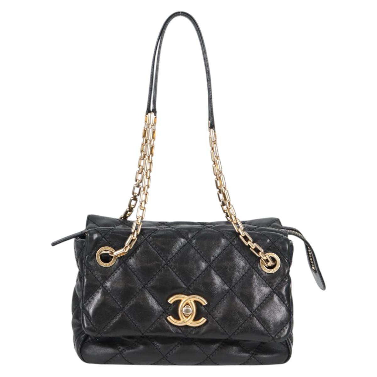 Chanel Matelasse Chain Shoulder Bag Lamb Skin Black Gold Cc