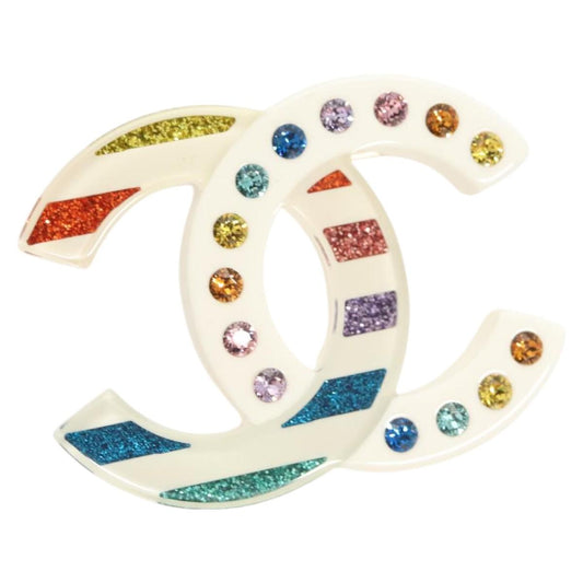 Chanel Coco Mark Rhinestone Brooch Plastic White Cc