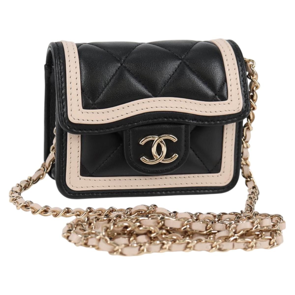 Chanel Matelasse Chain Pouch Shoulder Bag Lamb Skin Black Gold Cc