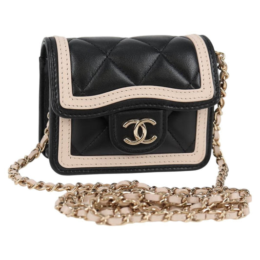 Chanel Matelasse Chain Pouch Shoulder Bag Lamb Skin Black Gold Cc