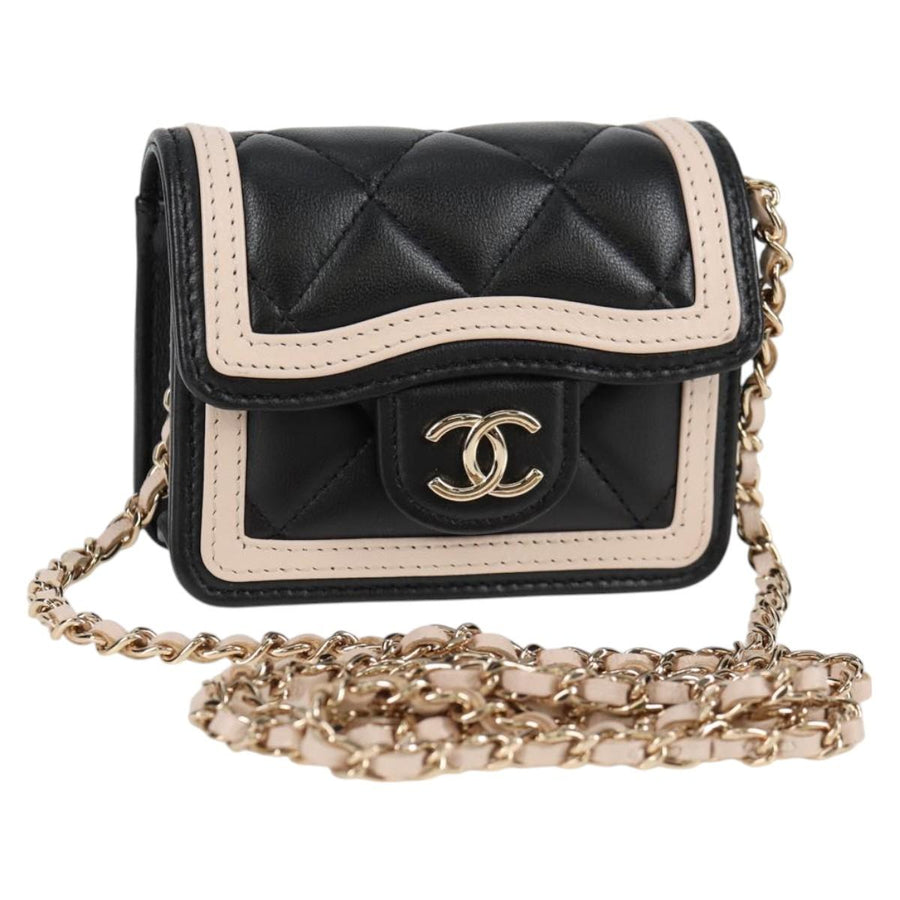 Chanel Matelasse Chain Pouch Shoulder Bag Lamb Skin Black Gold Cc