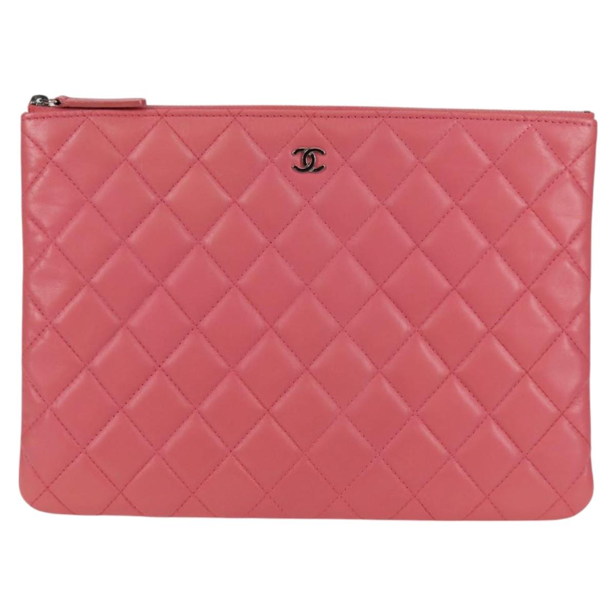 Chanel Matelasse Clutch Bag Lamb Skin Pink Silver Cc