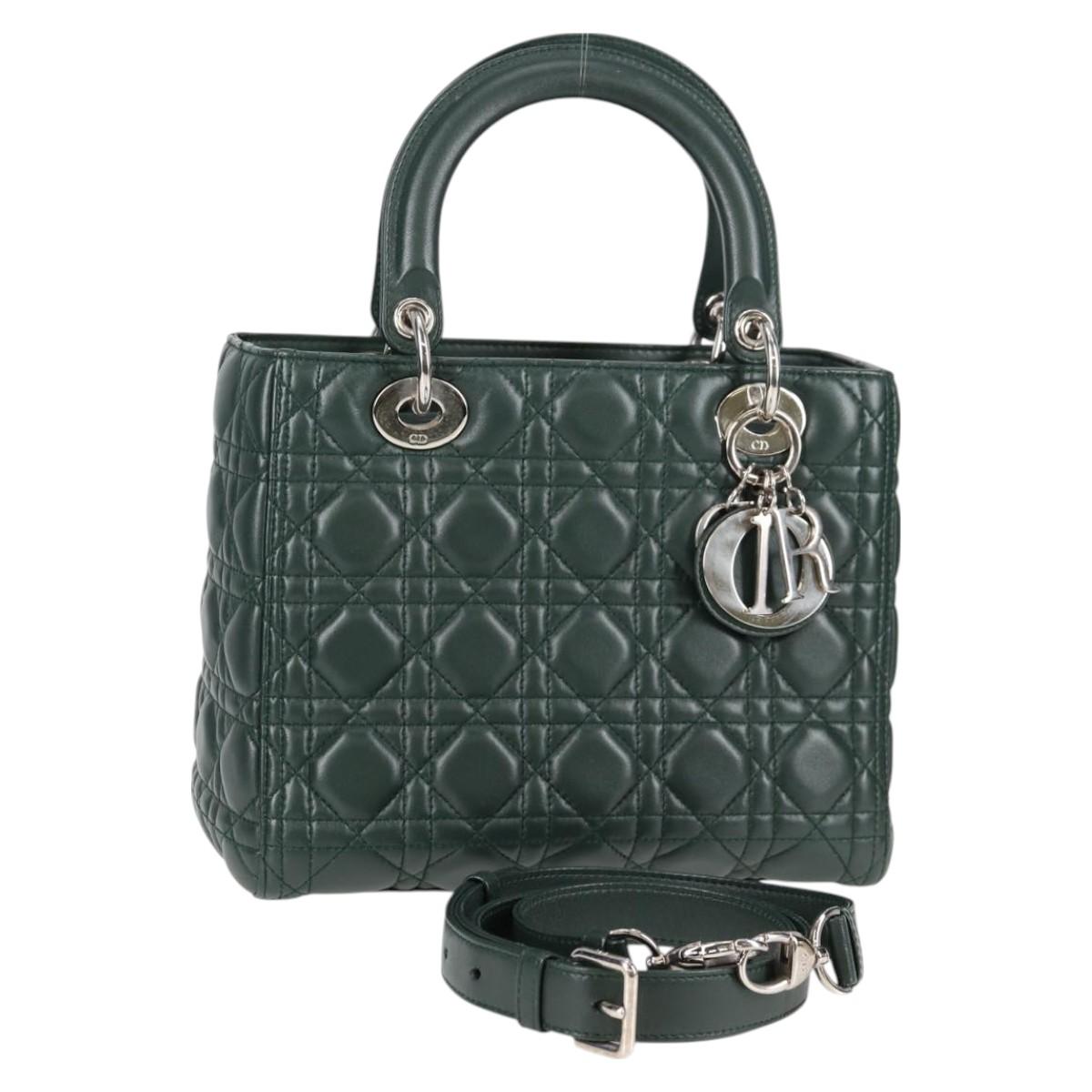 Christian Dior Canage Lady Dior Hand Bag Lamb Skin 2WAY Green Gold