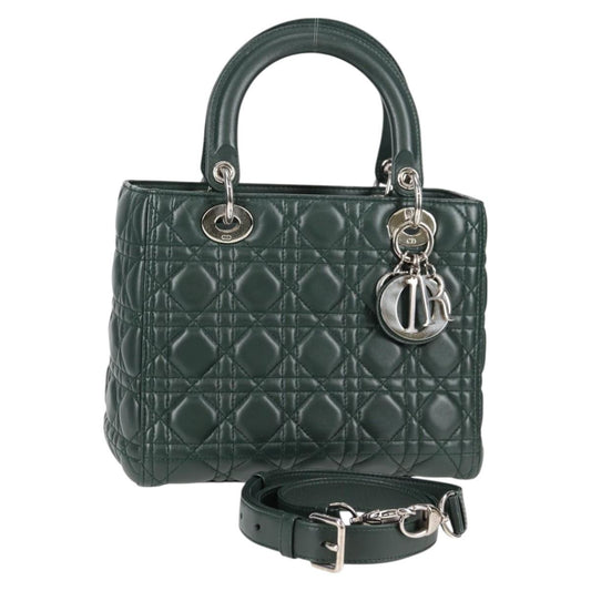 Christian Dior Canage Lady Dior Hand Bag Lamb Skin 2WAY Green Gold