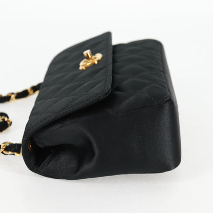 Chanel Matelasse Chain Shoulder Bag Satin Black Gold Cc