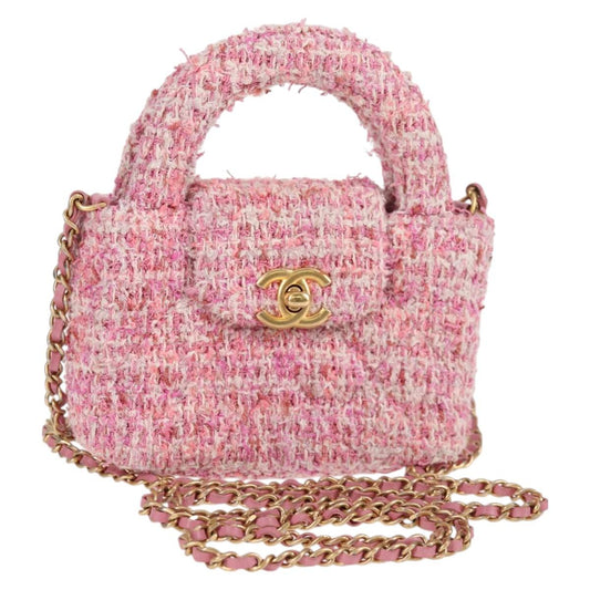 Chanel Chain Shoulder Bag Tweed Pink Gold Cc