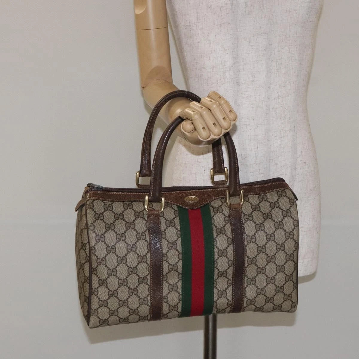 GUCCI GG Supreme Web Sherry Line Hand Bag PVC Beige Gold 40 3842