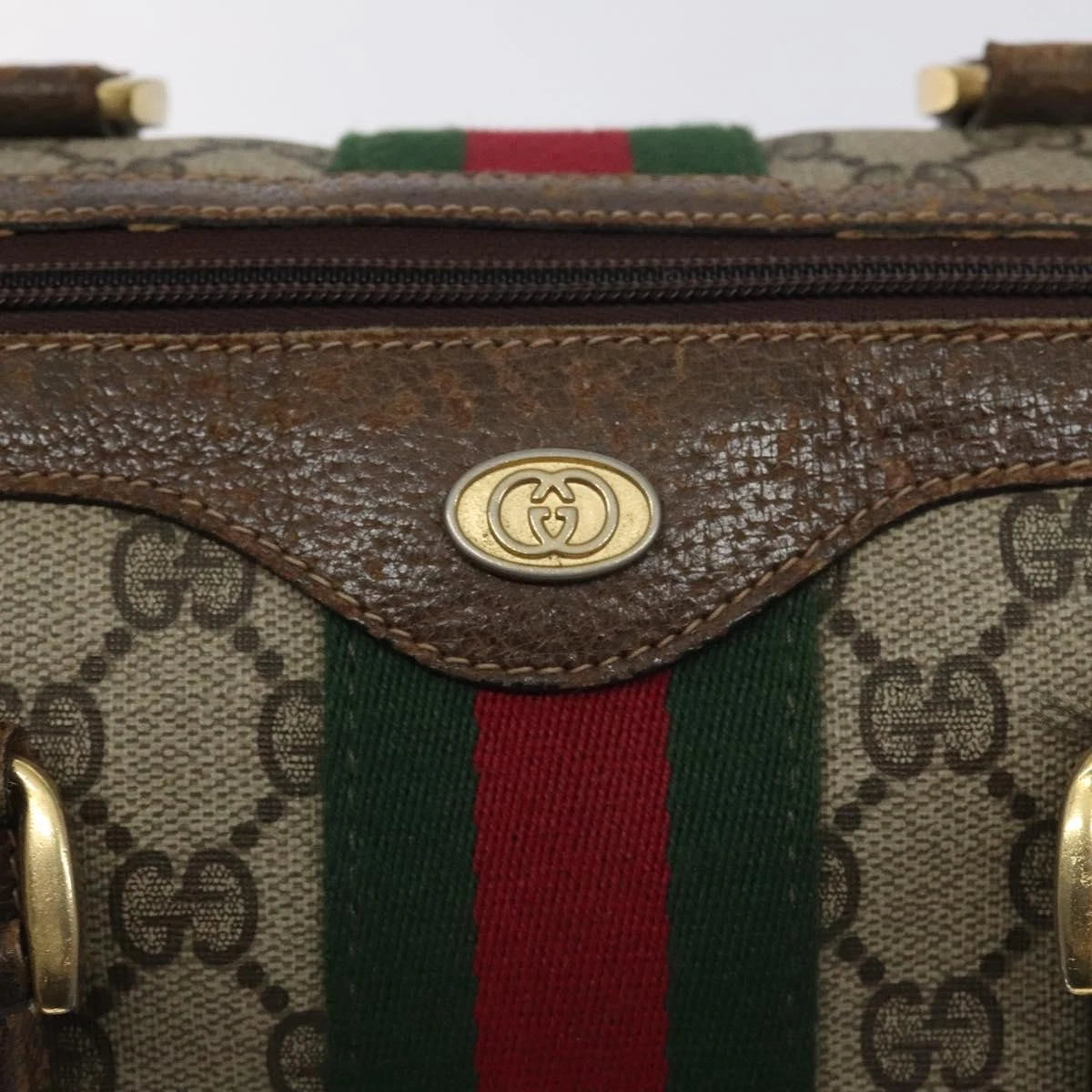 GUCCI GG Supreme Web Sherry Line Hand Bag PVC Beige Gold 40 3842