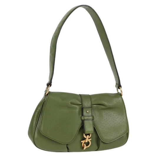 Salvatore Ferragamo Gancini Shoulder Bag Leather Green Gold